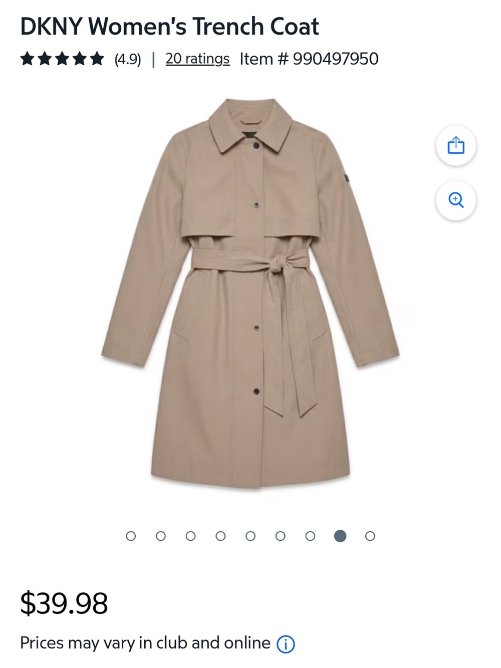 DKNY Beige Tie-Waist Trench Coat
